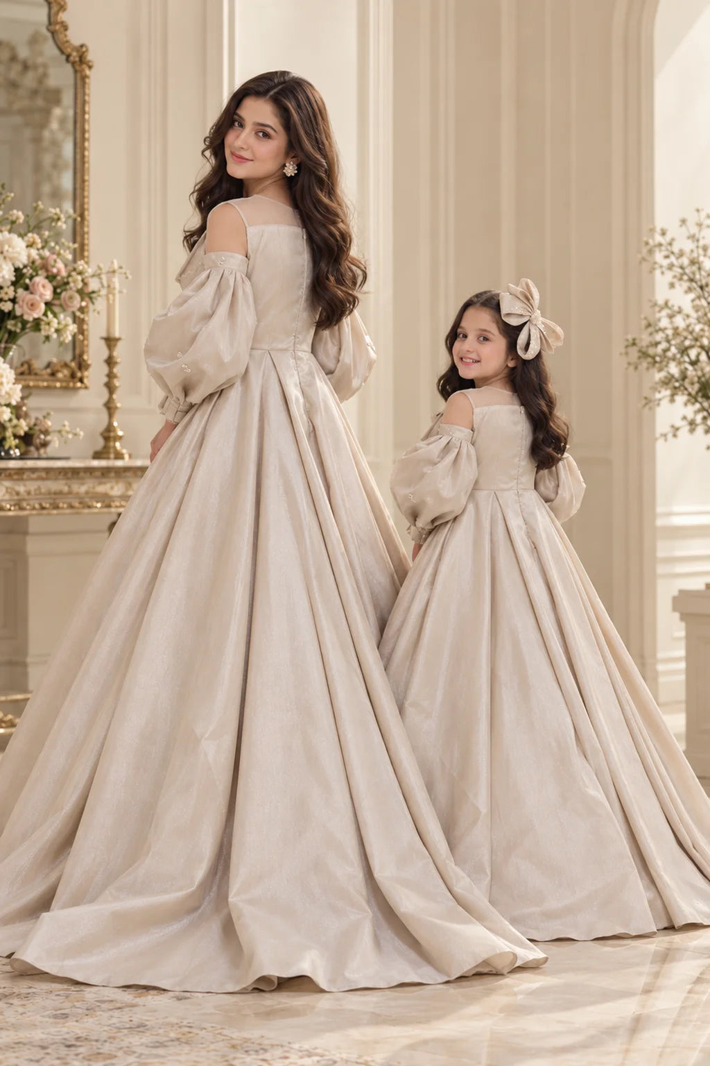 Customized Pearl Ivory Embellished Matching Long Maxi