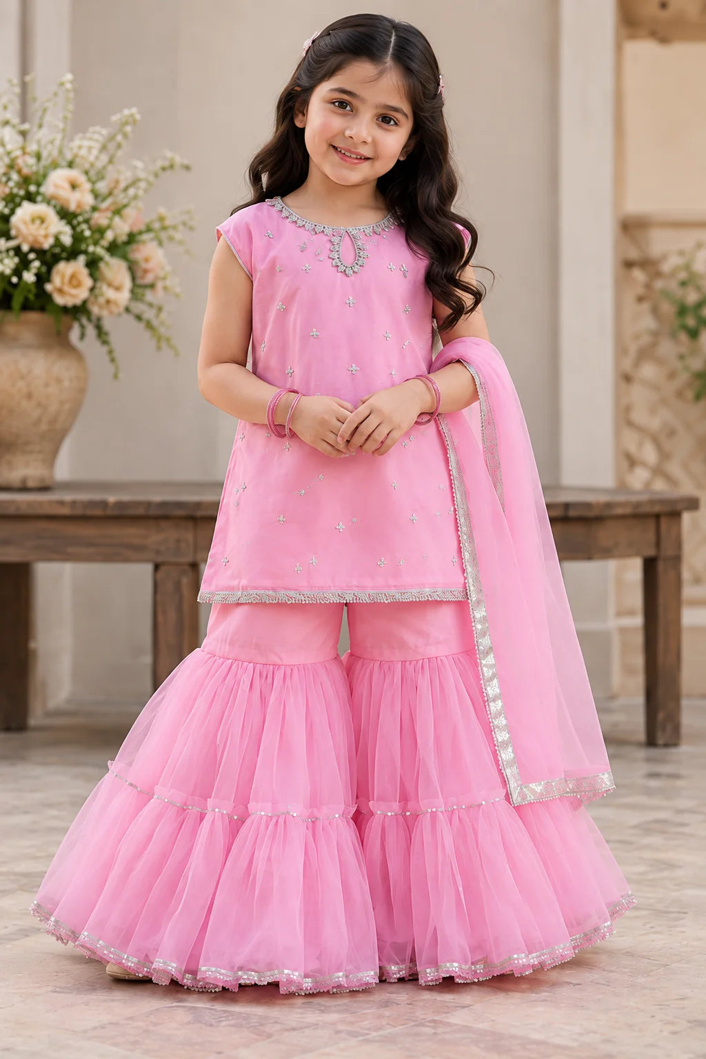 Customized Baby Pink Embellished Matching Sharara Set