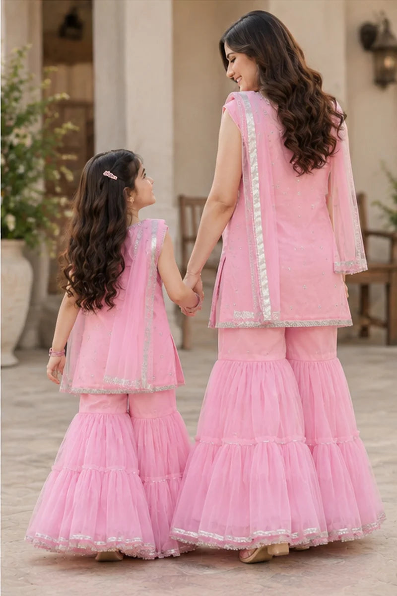 Customized Baby Pink Embellished Matching Sharara Set