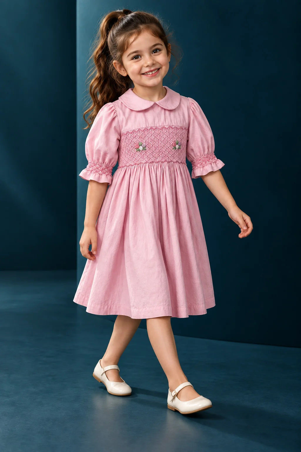 Girls Soft Pink Floral Smocked Cotton Frock | SFW-010