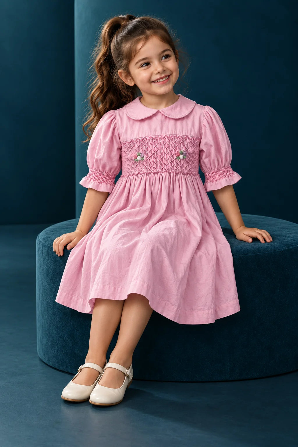 Girls Soft Pink Floral Smocked Cotton Frock | SFW-010