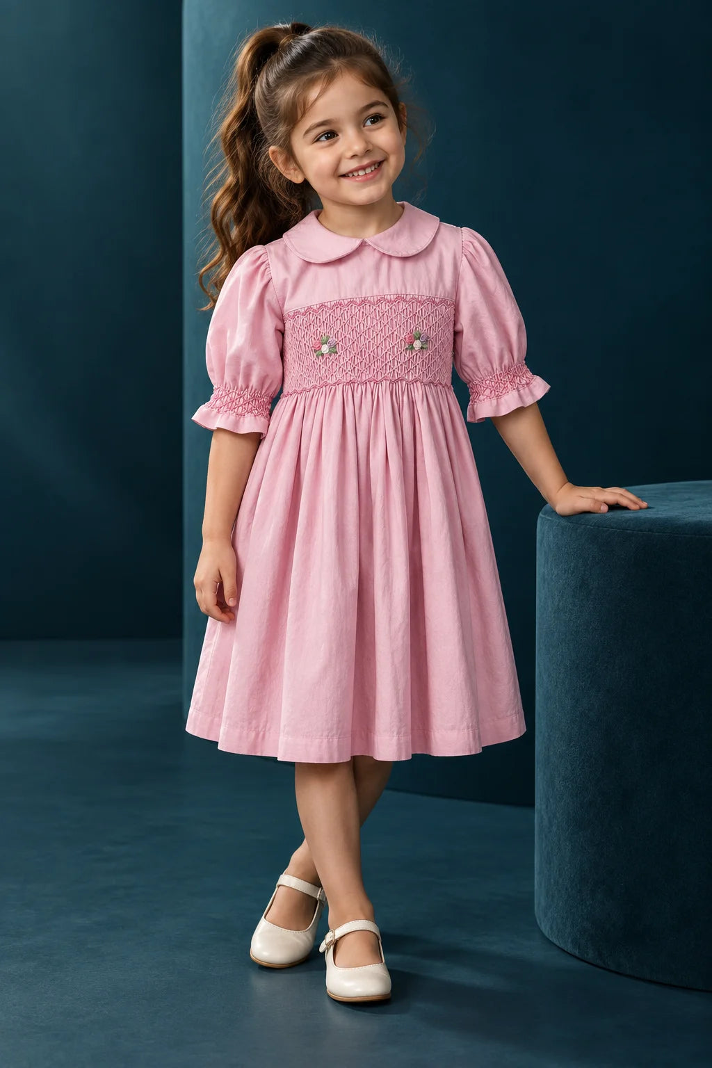 Girls Soft Pink Floral Smocked Cotton Frock | SFW-010