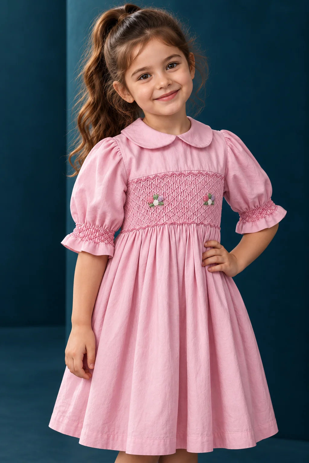 Girls Soft Pink Floral Smocked Cotton Frock | SFW-010