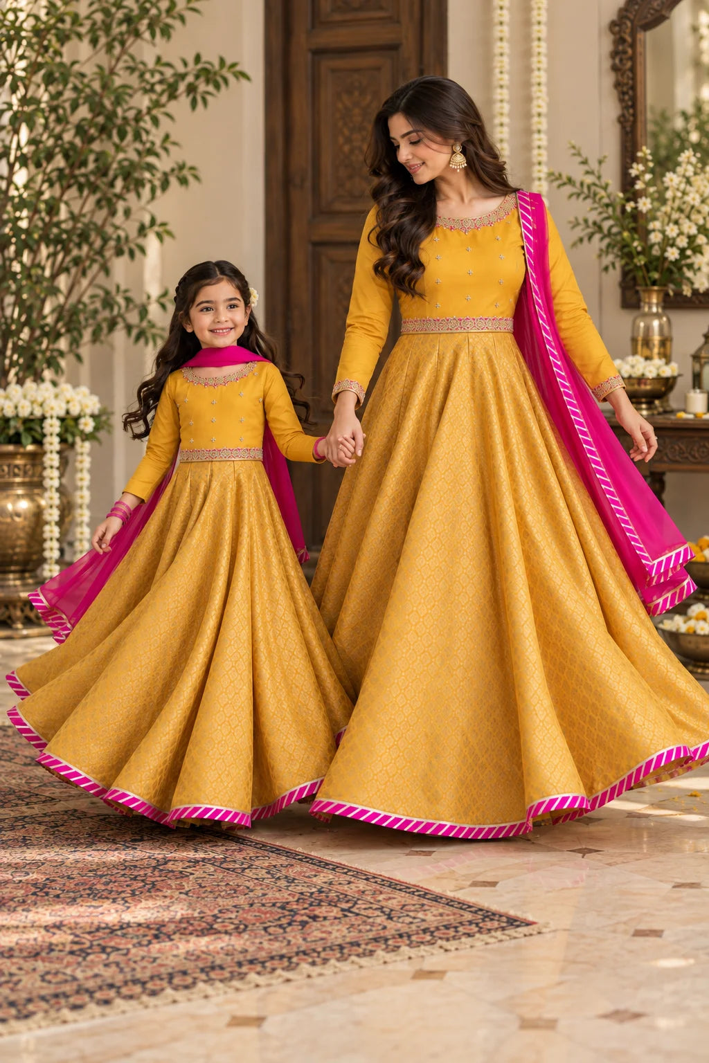 Customized Mustard & Fuchsia Embroidered Matching Long Maxi