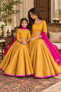 Customized Mustard & Fuchsia Embroidered Matching Long Maxi