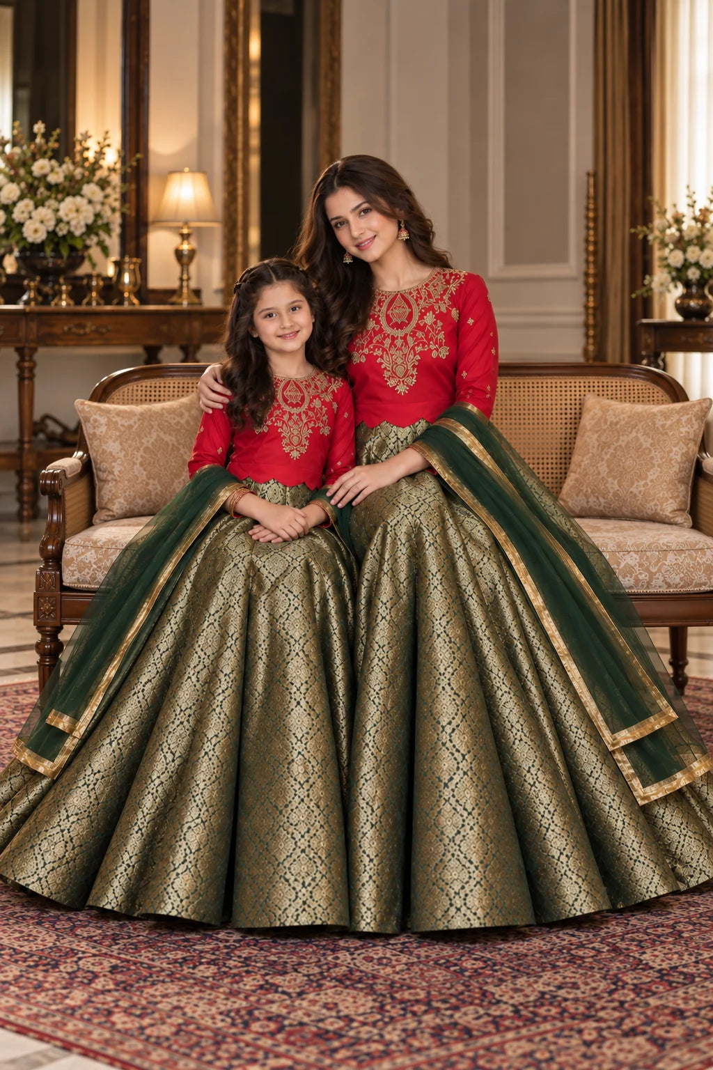 Customized Red & Antique Gold Embroidered Matching Maxi