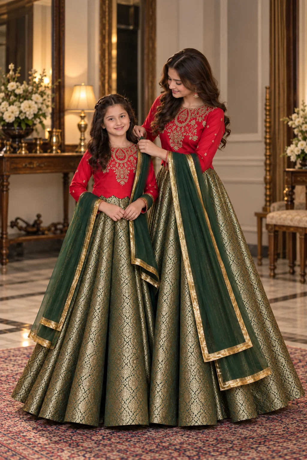 Customized Red & Antique Gold Embroidered Matching Maxi