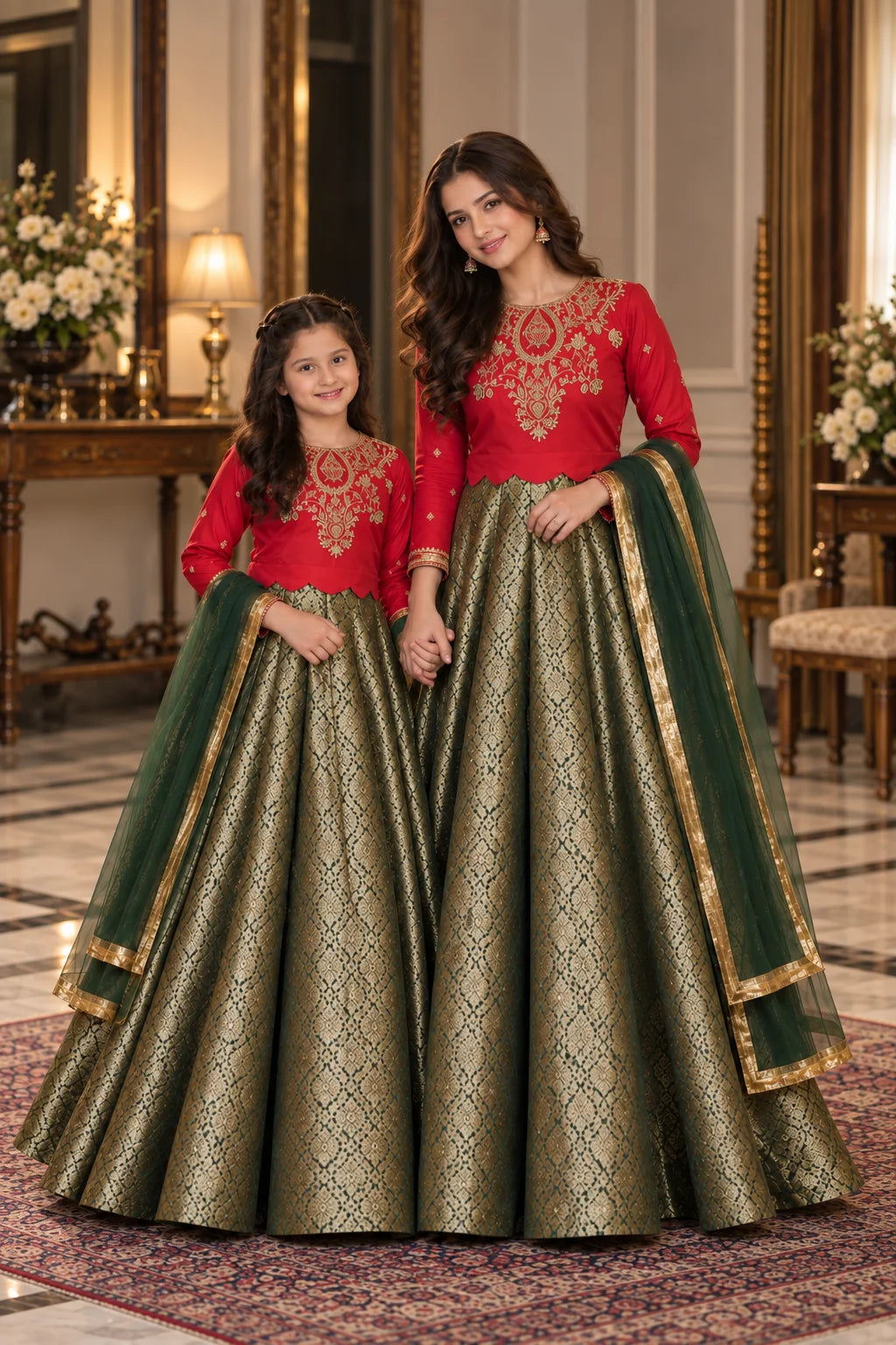 Customized Red & Antique Gold Embroidered Matching Maxi