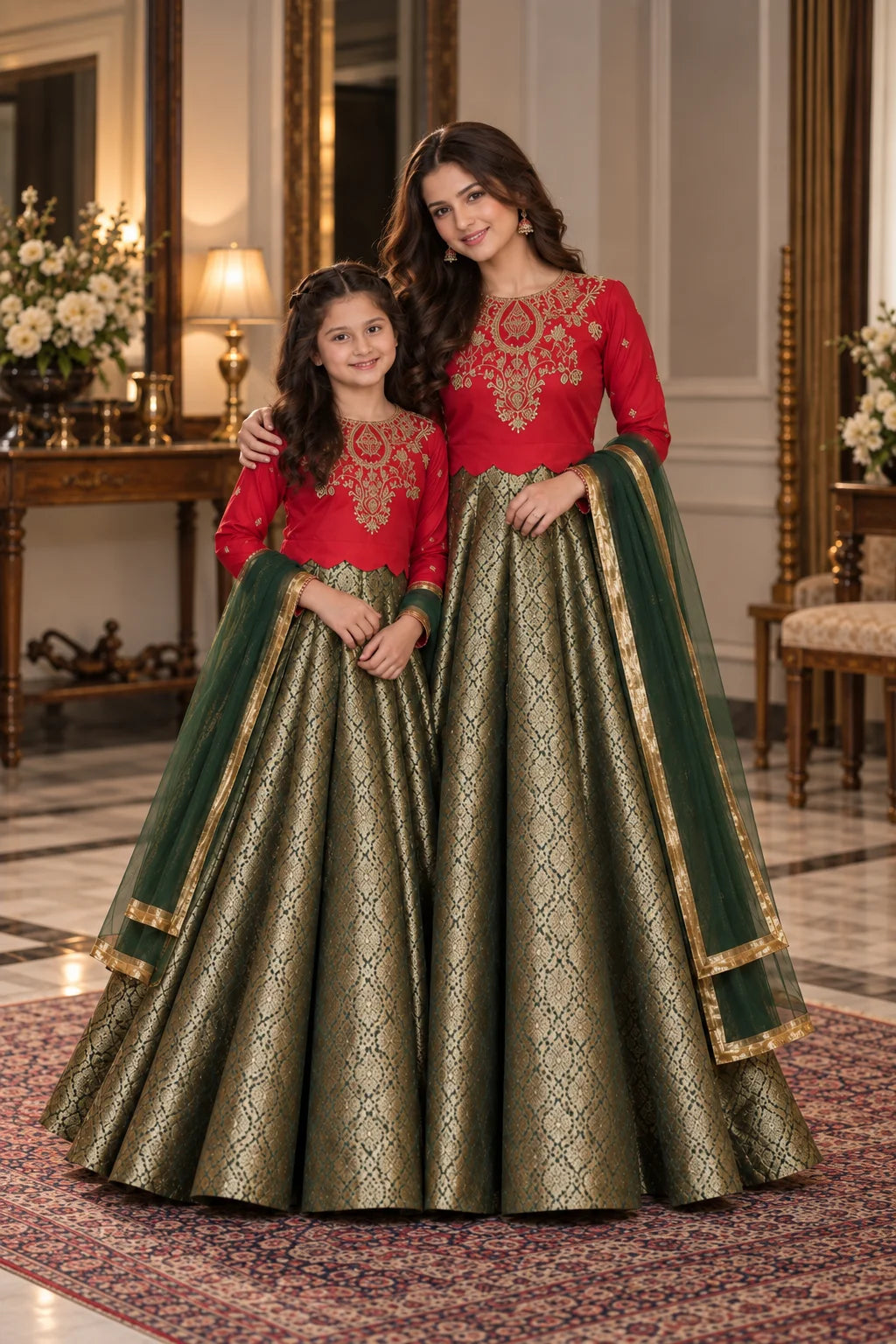 Customized Red & Antique Gold Embroidered Matching Maxi