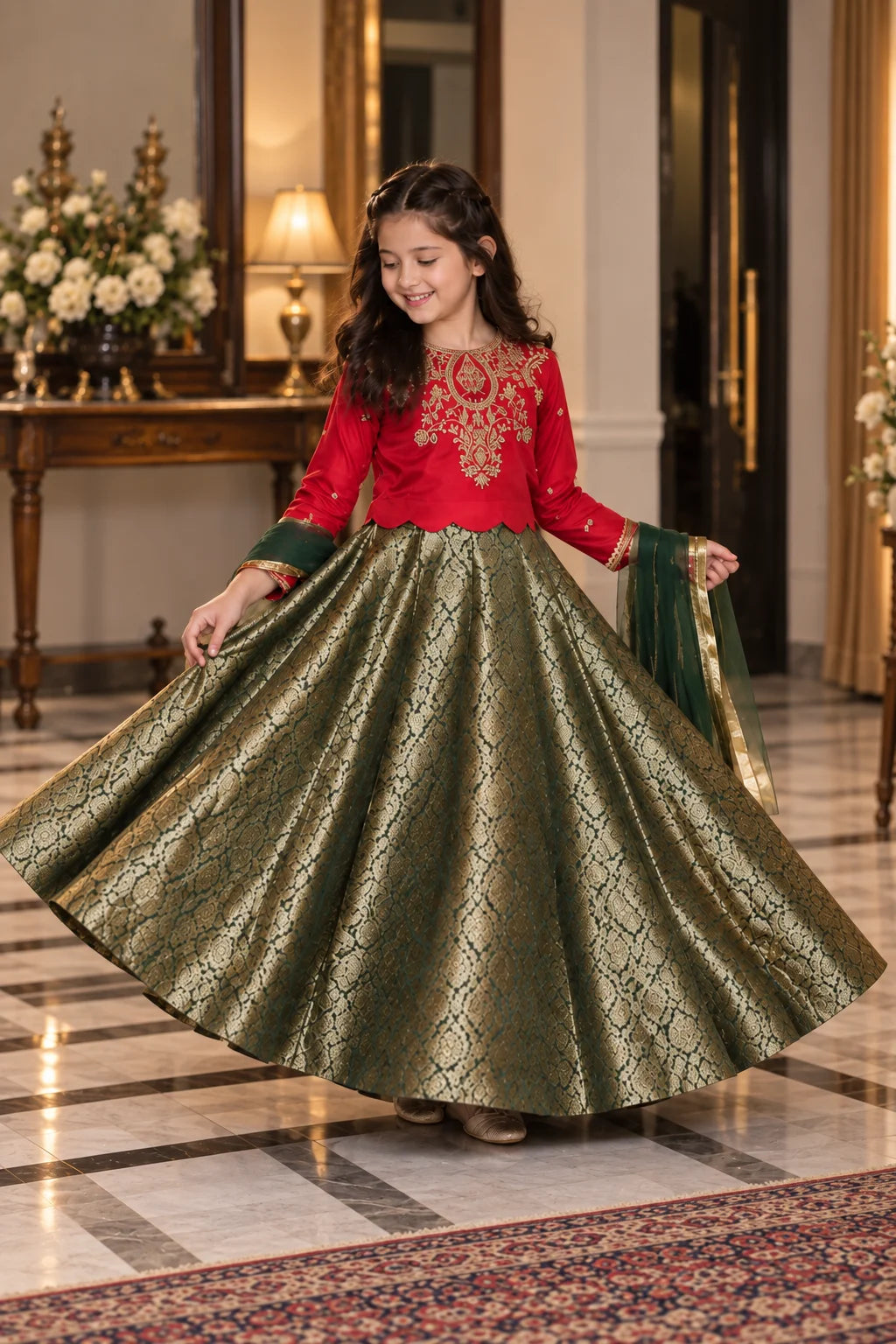 Customized Red & Antique Gold Embroidered Matching Maxi