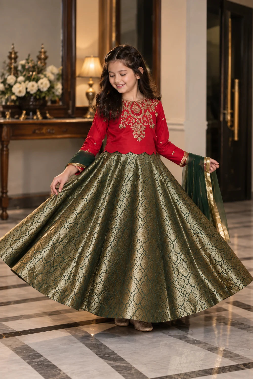 Customized Red & Antique Gold Embroidered Matching Maxi