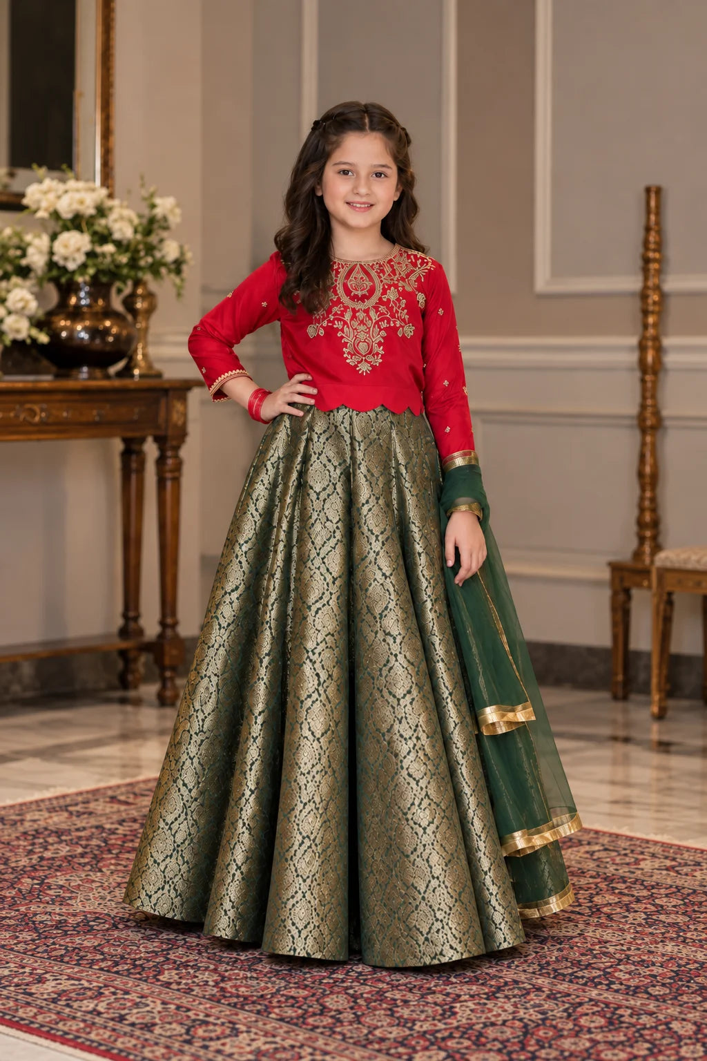 Customized Red & Antique Gold Embroidered Matching Maxi