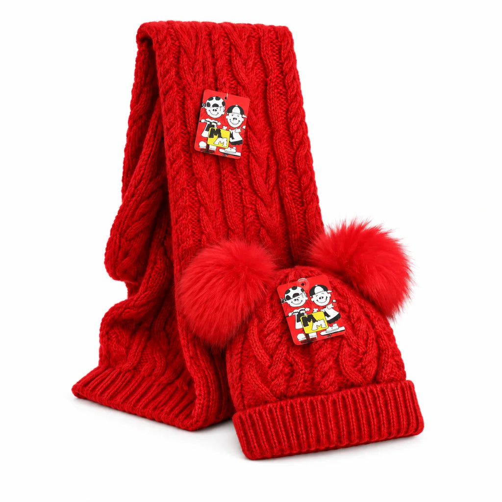 Minni Minors Red Knitted Pom-Pom Cap and Scarf Set