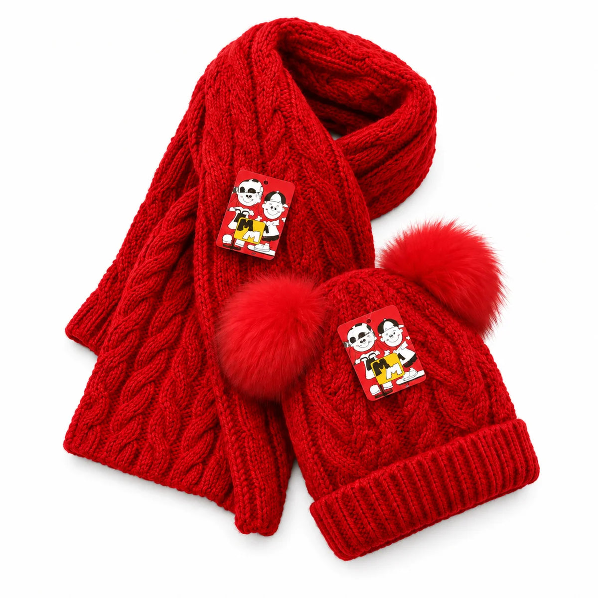 Minni Minors Red Knitted Pom-Pom Cap and Scarf Set