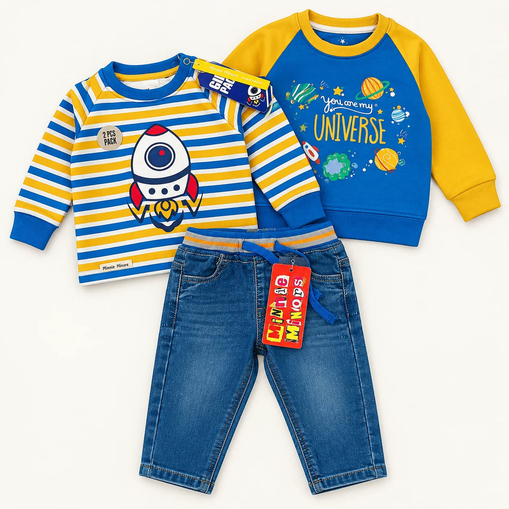 Minnie Minors Space Print Baby Tops & Jeans Set