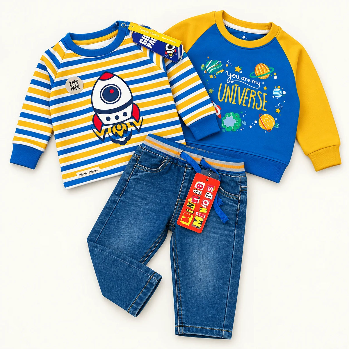 Minnie Minors Space Print Baby Tops & Jeans Set