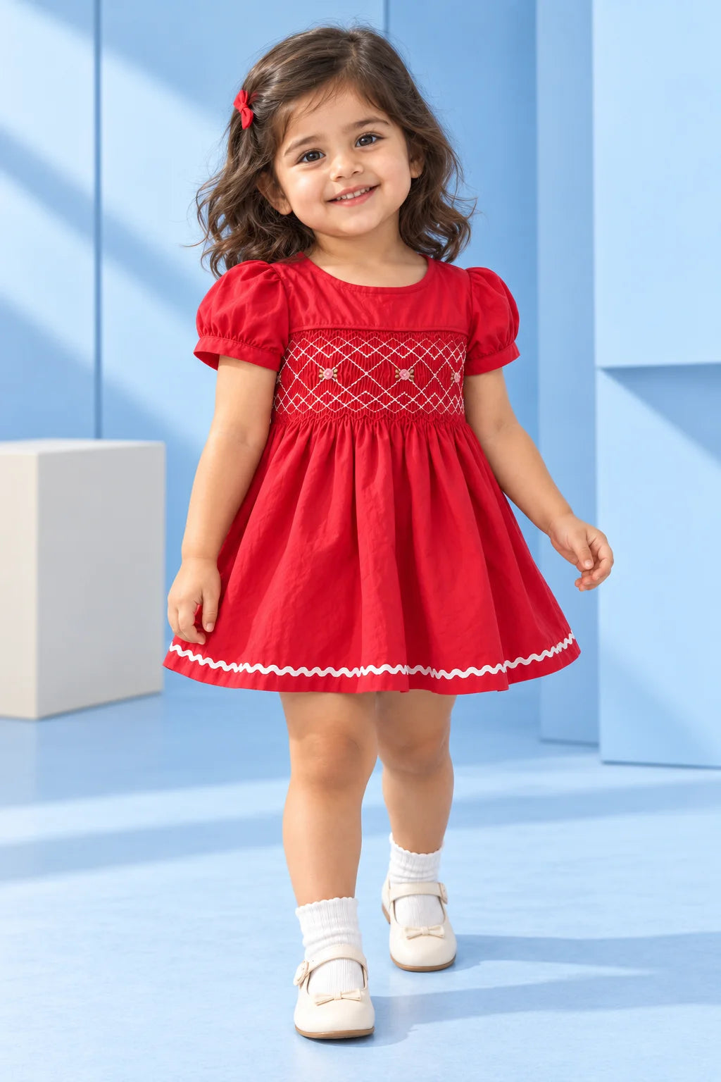 Girls Red Smocked Cotton Frock | SFW-011