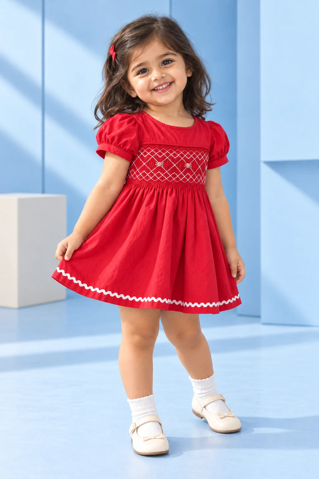 Girls Red Smocked Cotton Frock | SFW-011