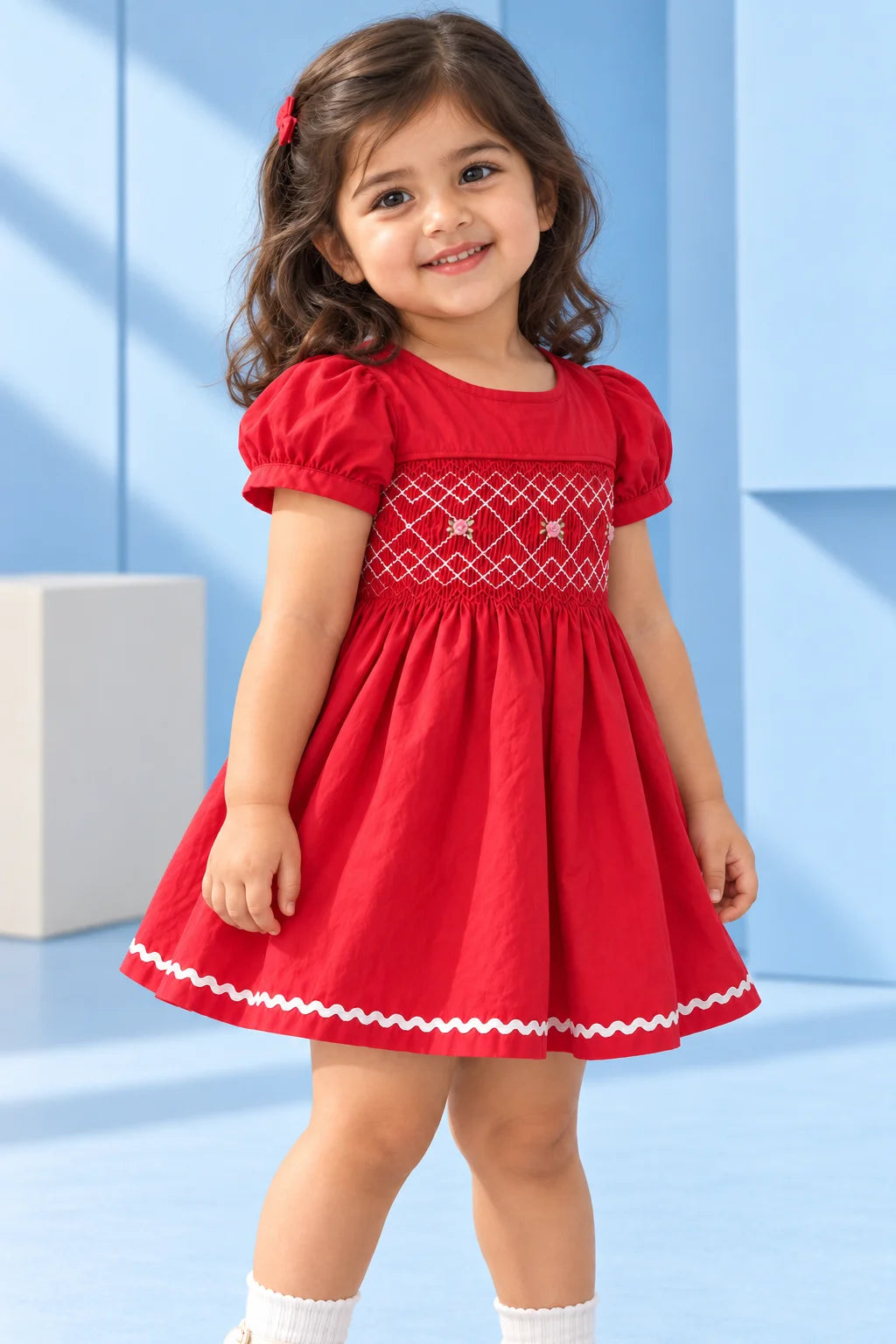 Girls Red Smocked Cotton Frock | SFW-011