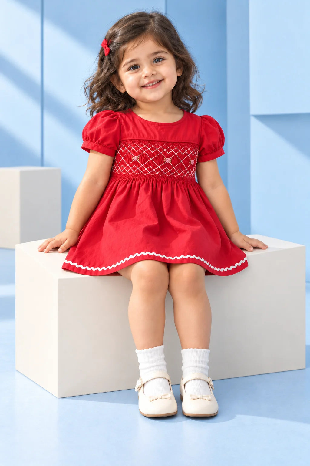 Girls Red Smocked Cotton Frock | SFW-011
