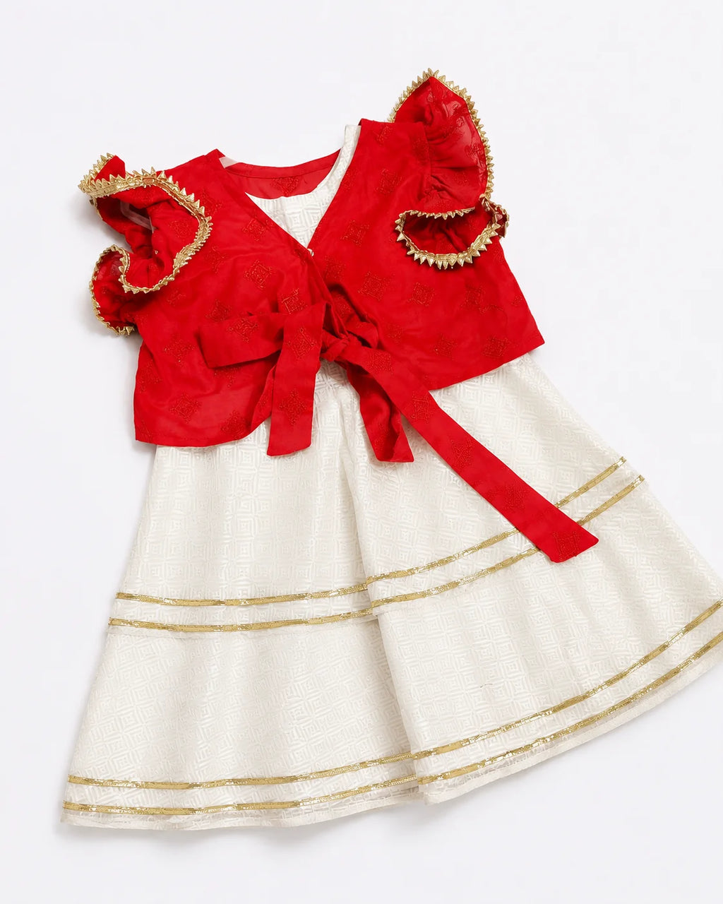White Cambric Frock with Red Chikankari Koti for Baby Girls