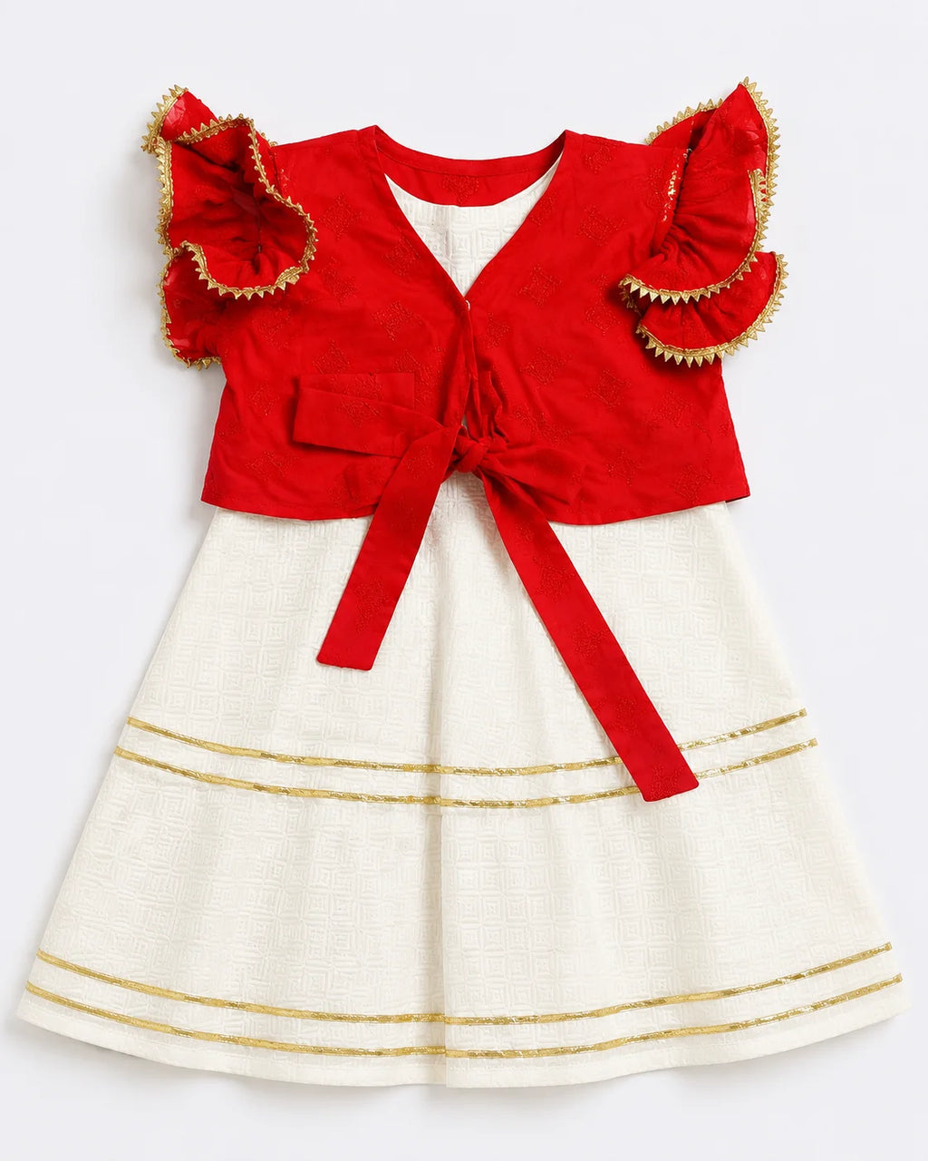 White Cambric Frock with Red Chikankari Koti for Baby Girls