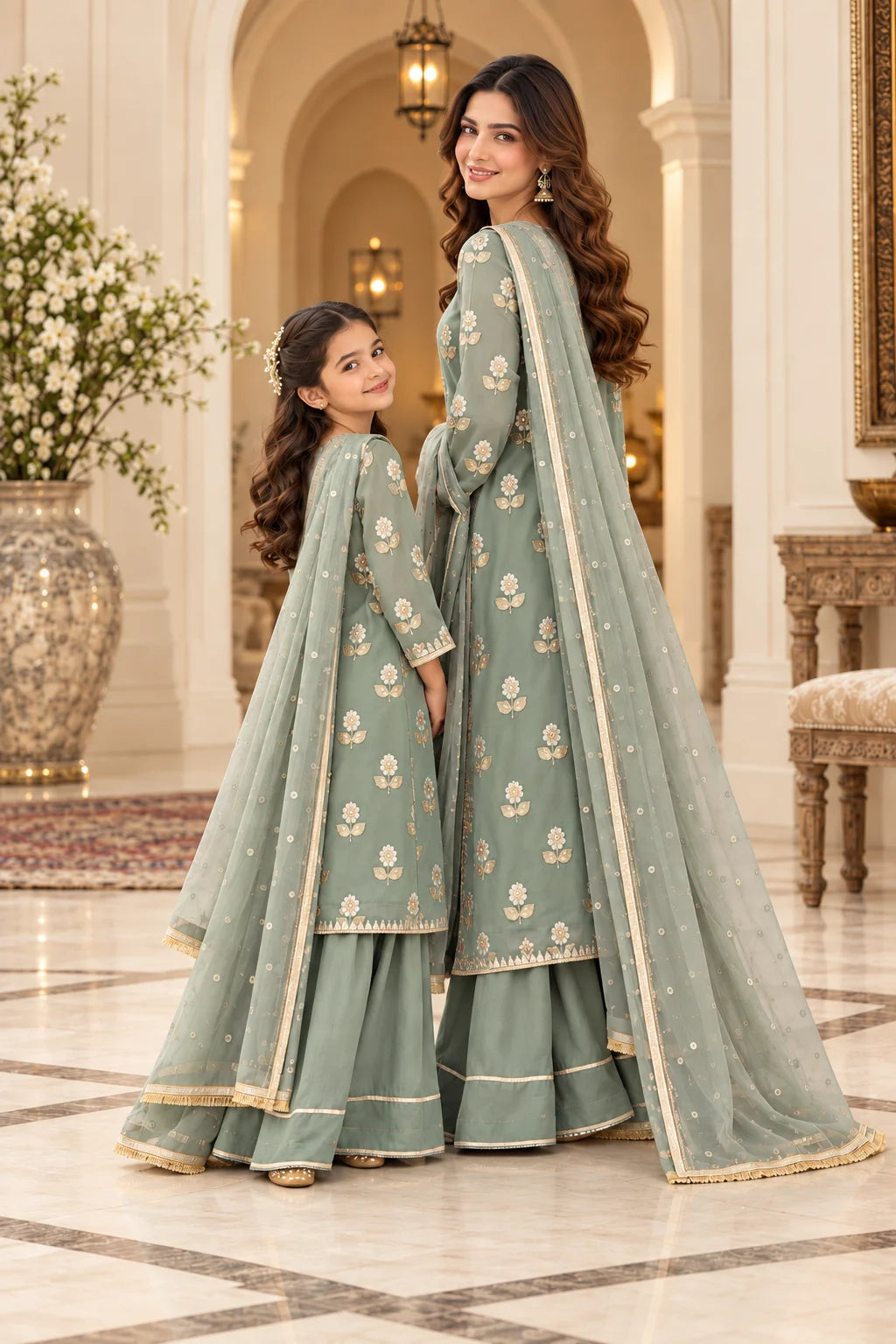 Customized Sage Green Floral Matching Suit