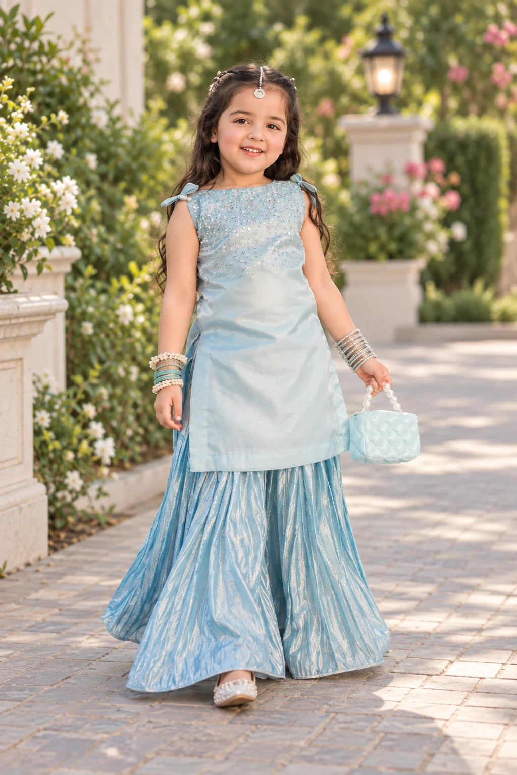Customized Serene Aqua Embellished Matching Sharara Set