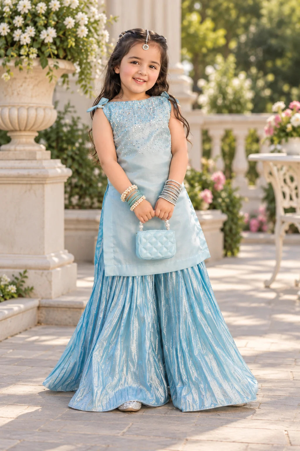 Customized Serene Aqua Embellished Matching Sharara Set