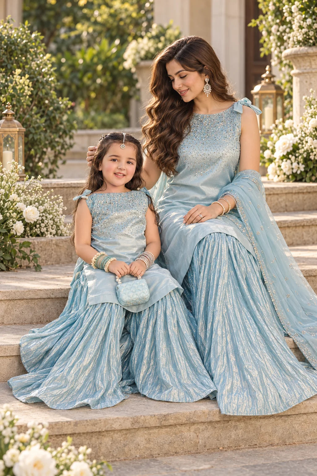 Customized Serene Aqua Embellished Matching Sharara Set