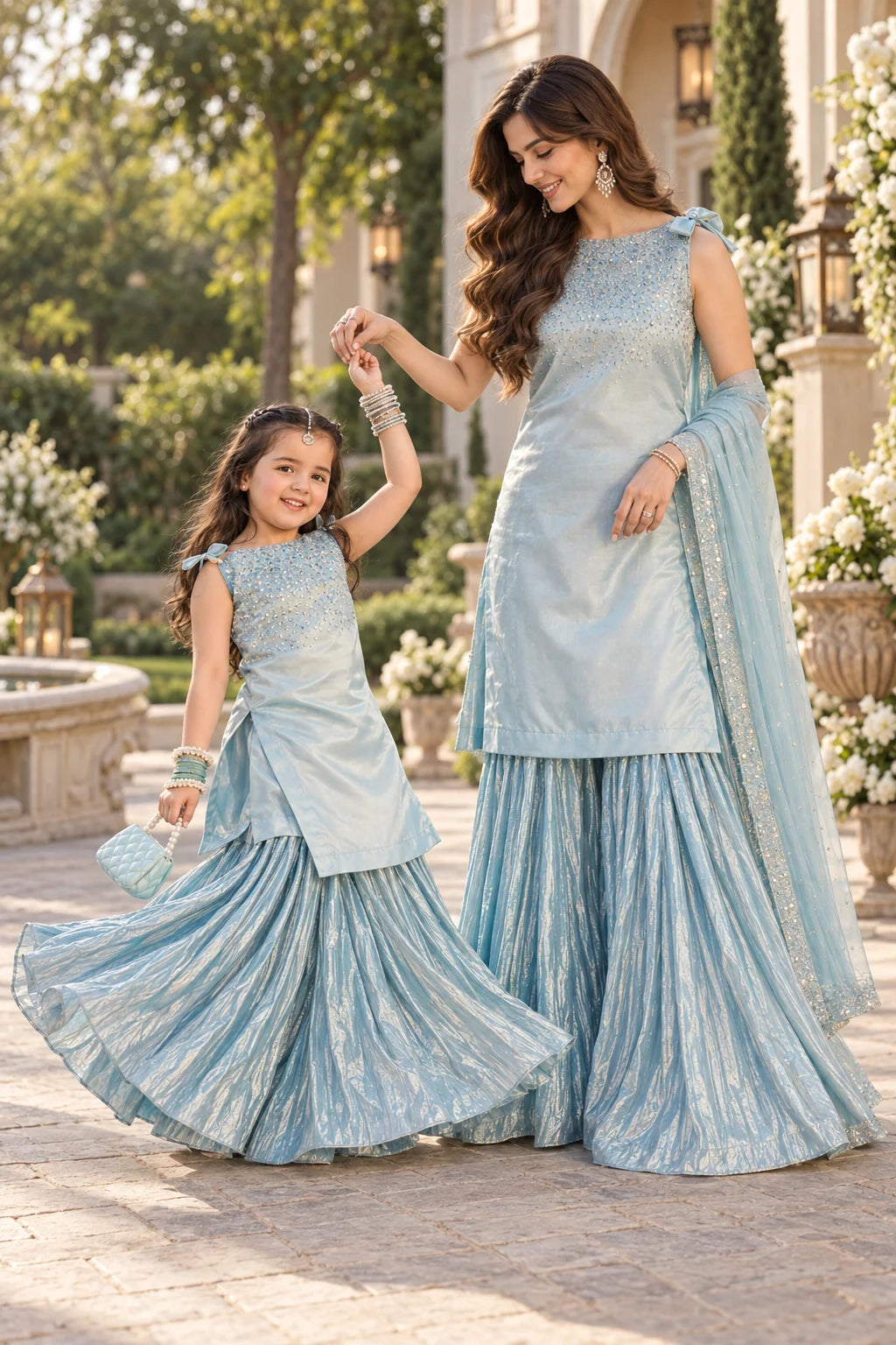 Customized Serene Aqua Embellished Matching Sharara Set