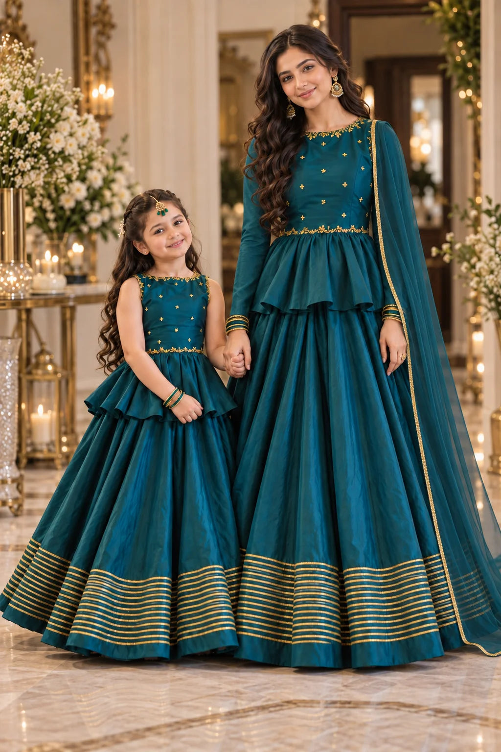 Customized Teal Green Embellished Matching Lehenga Kurti