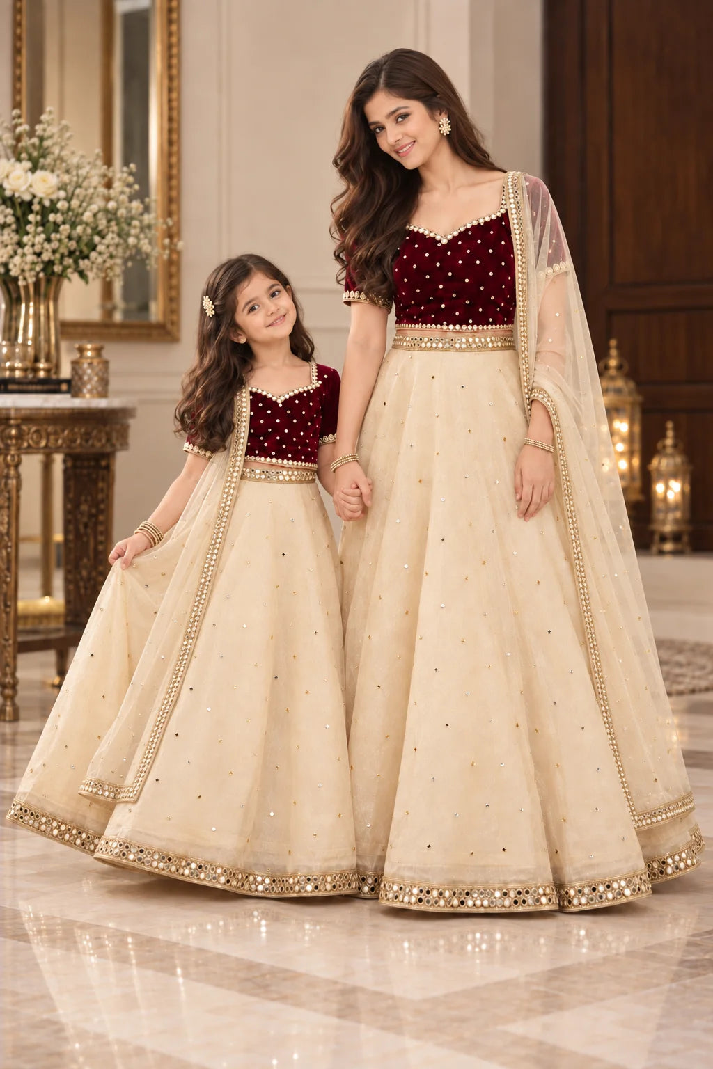Customized Maroon Velvet & Ivory Embellished Matching Lehenga Kurti