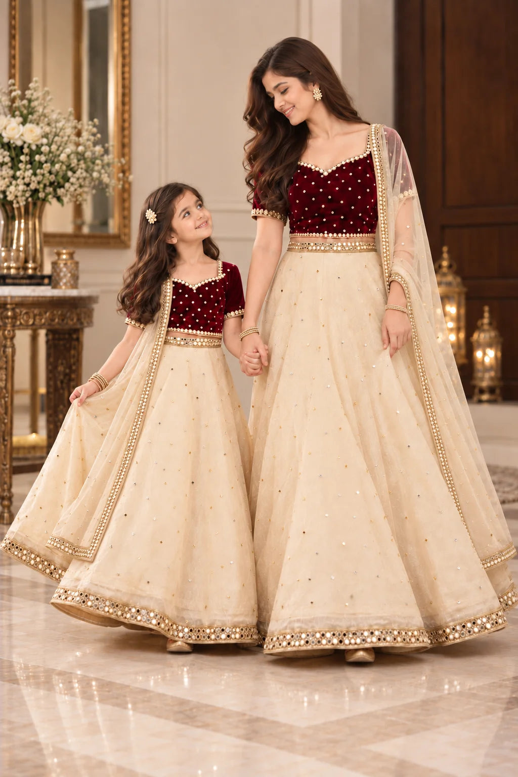 Customized Maroon Velvet & Ivory Embellished Matching Lehenga Kurti