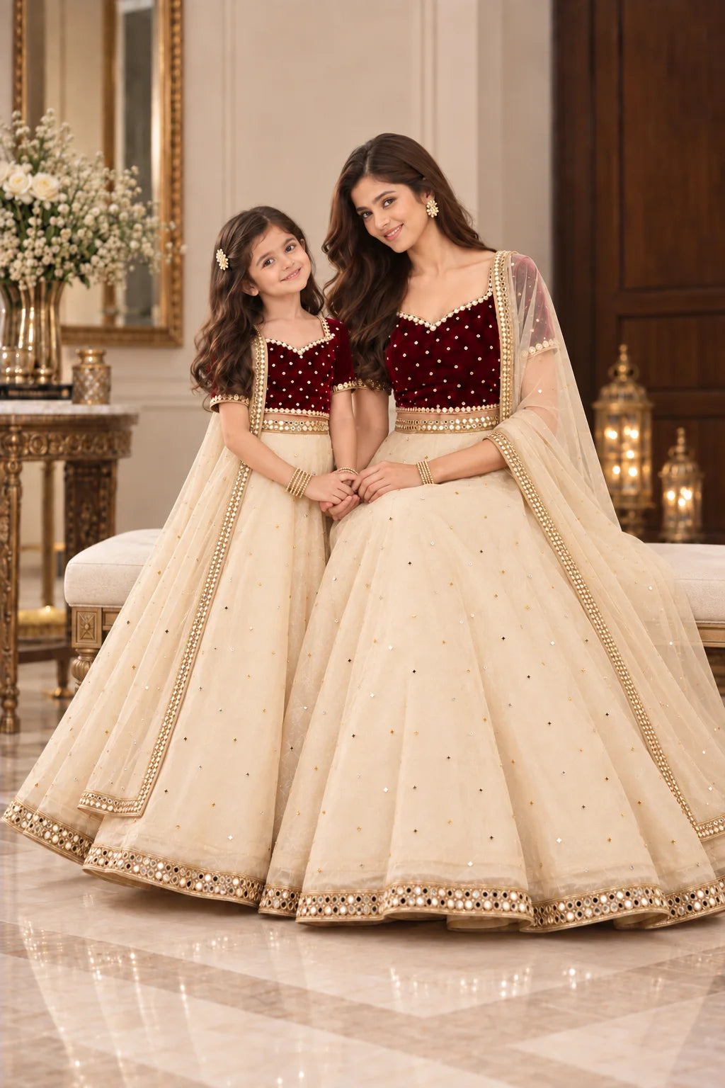Customized Maroon Velvet & Ivory Embellished Matching Lehenga Kurti
