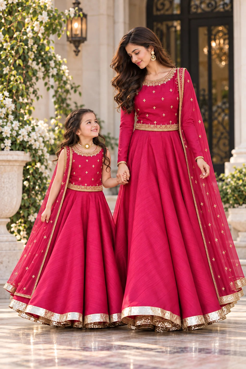 Customized Ruby Pink Embellished Matching Lehenga Kurti
