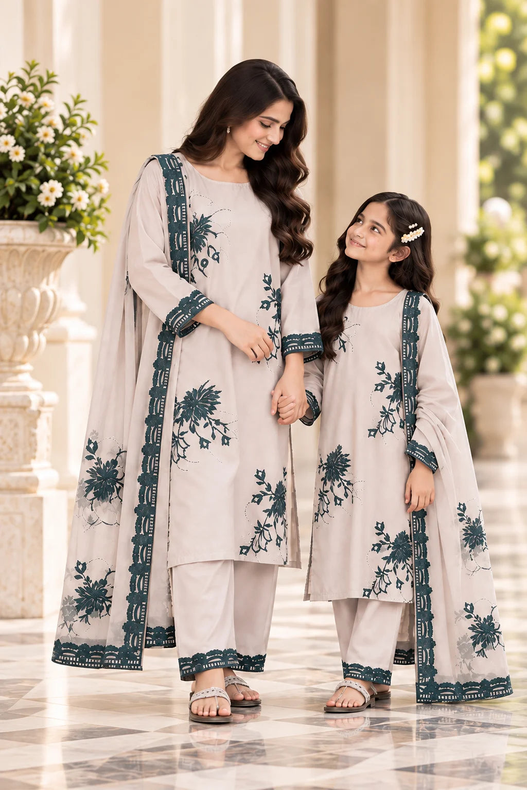 Customized Ivory & Teal Floral Embroidered Matching 3-Piece Suit