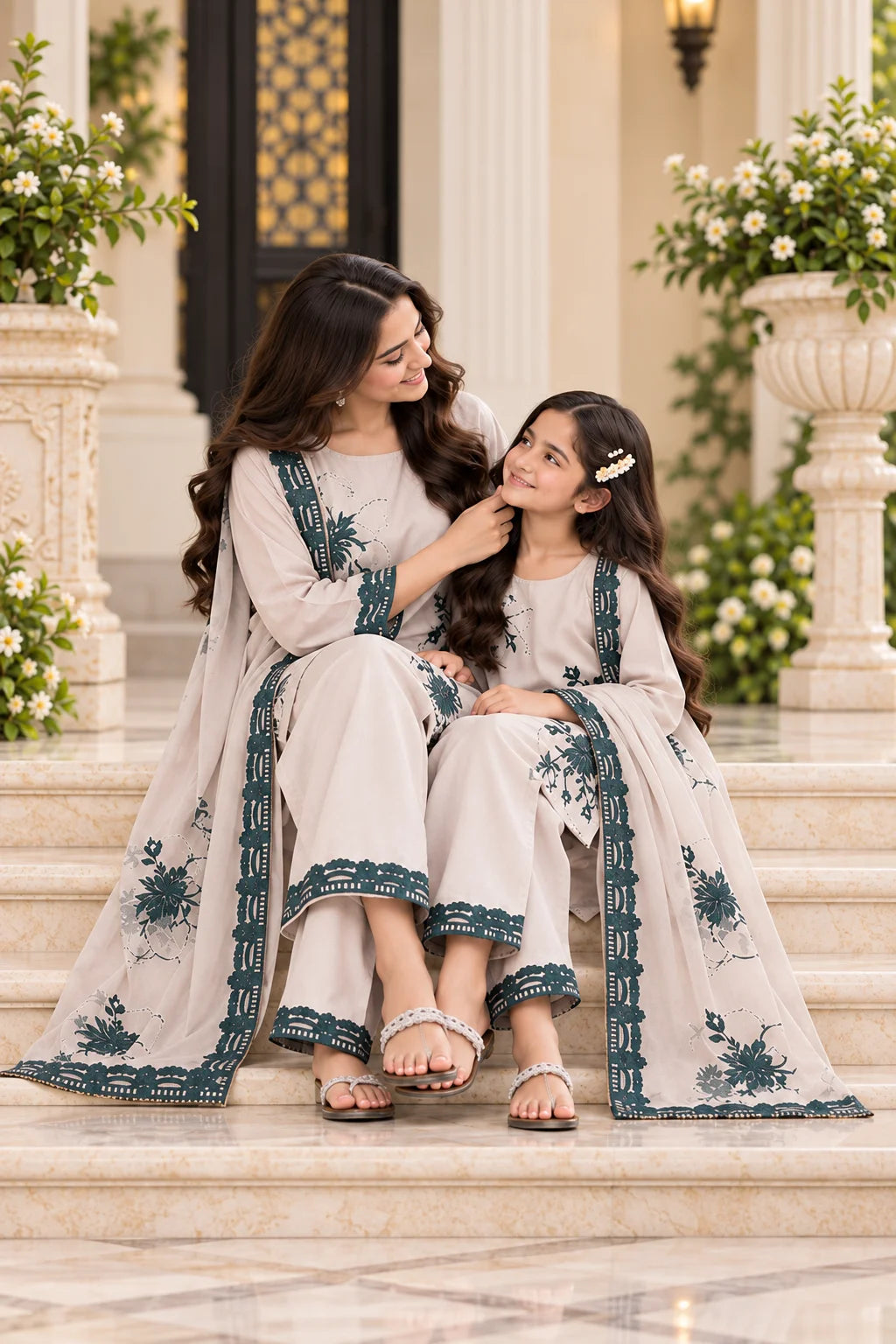 Customized Ivory & Teal Floral Embroidered Matching 3-Piece Suit