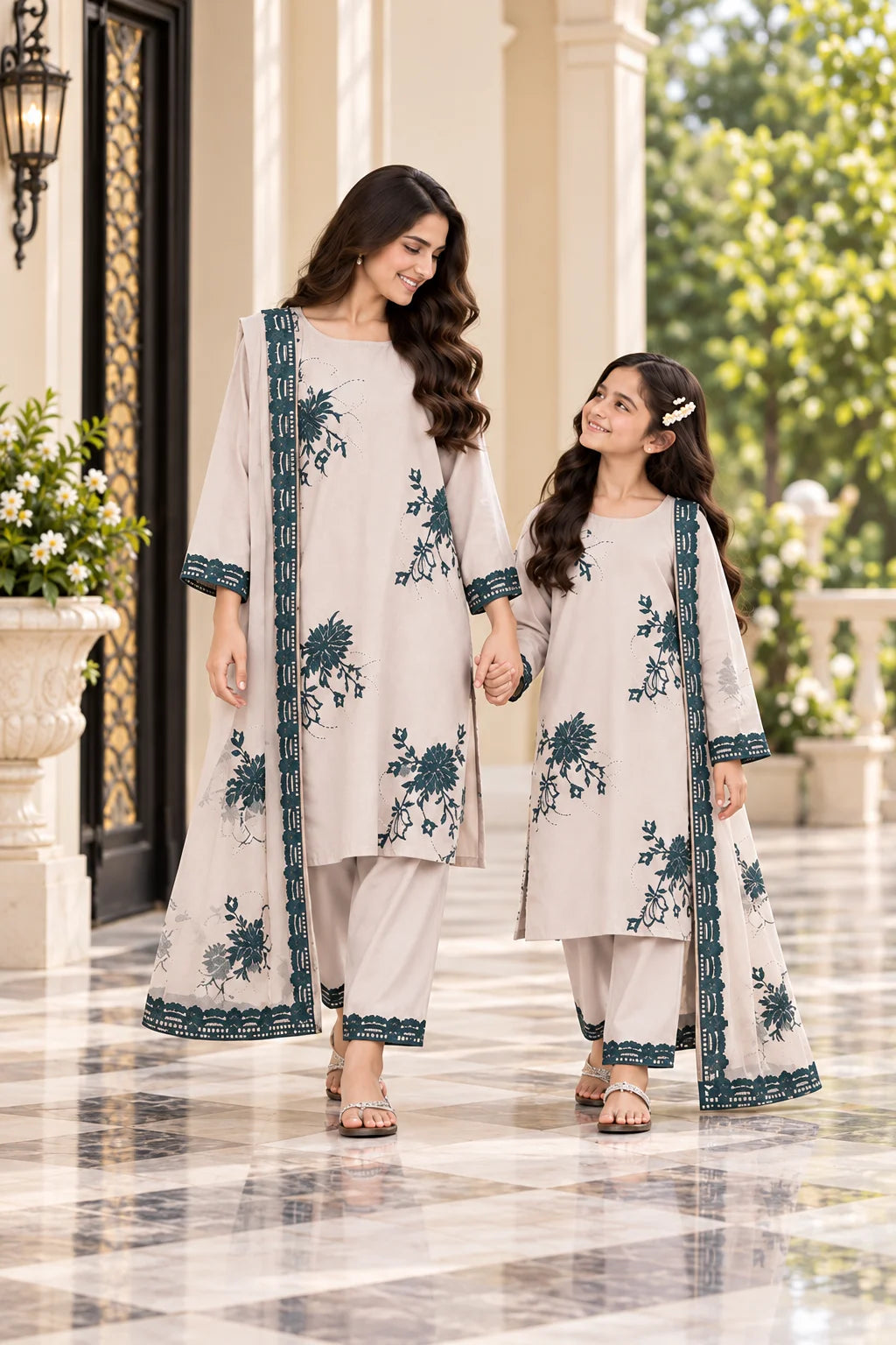 Customized Ivory & Teal Floral Embroidered Matching 3-Piece Suit