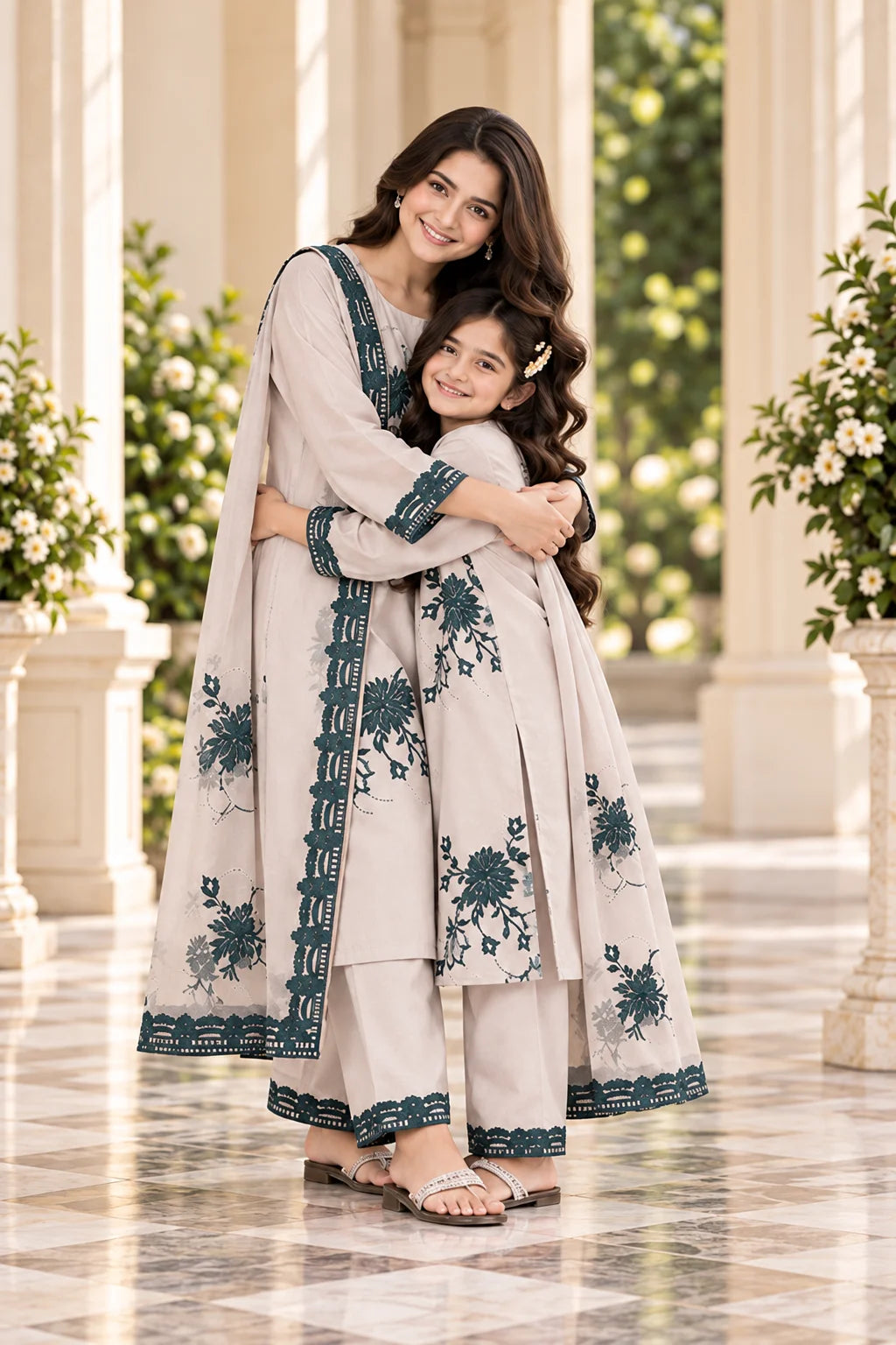 Customized Ivory & Teal Floral Embroidered Matching 3-Piece Suit