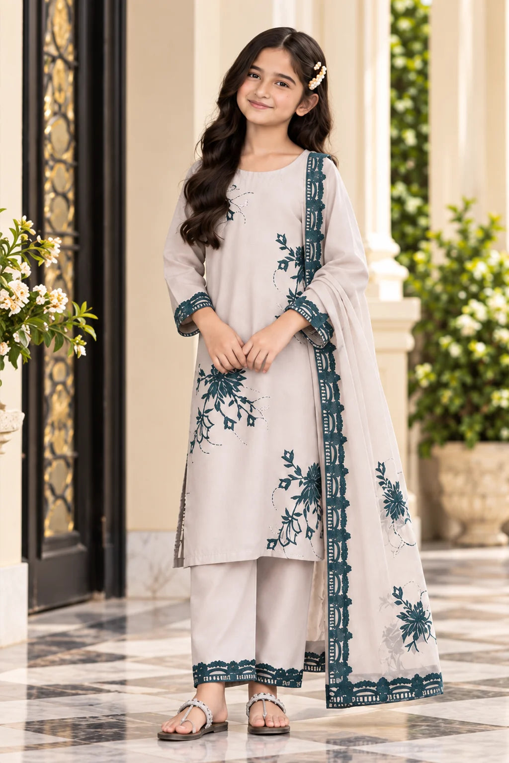 Customized Ivory & Teal Floral Embroidered Matching 3-Piece Suit