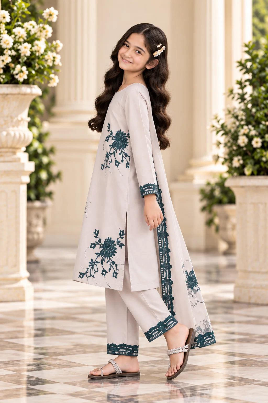 Customized Ivory & Teal Floral Embroidered Matching 3-Piece Suit
