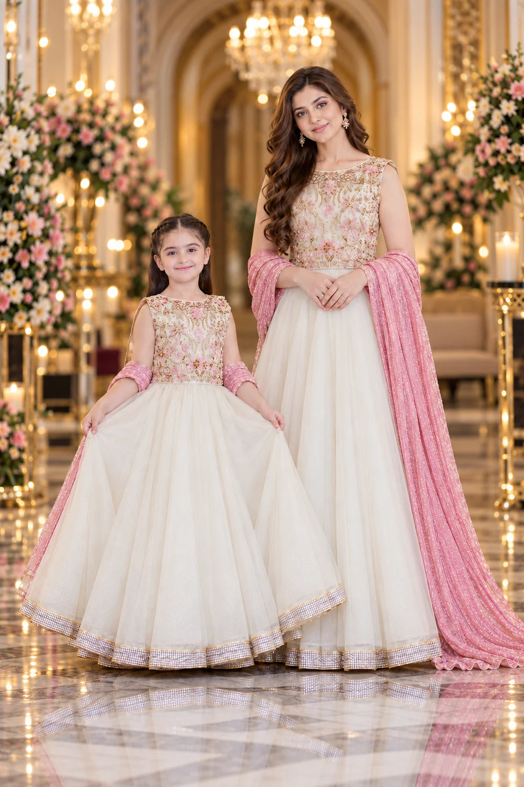 Customized Ivory & Blush Floral Matching Lehenga Choli
