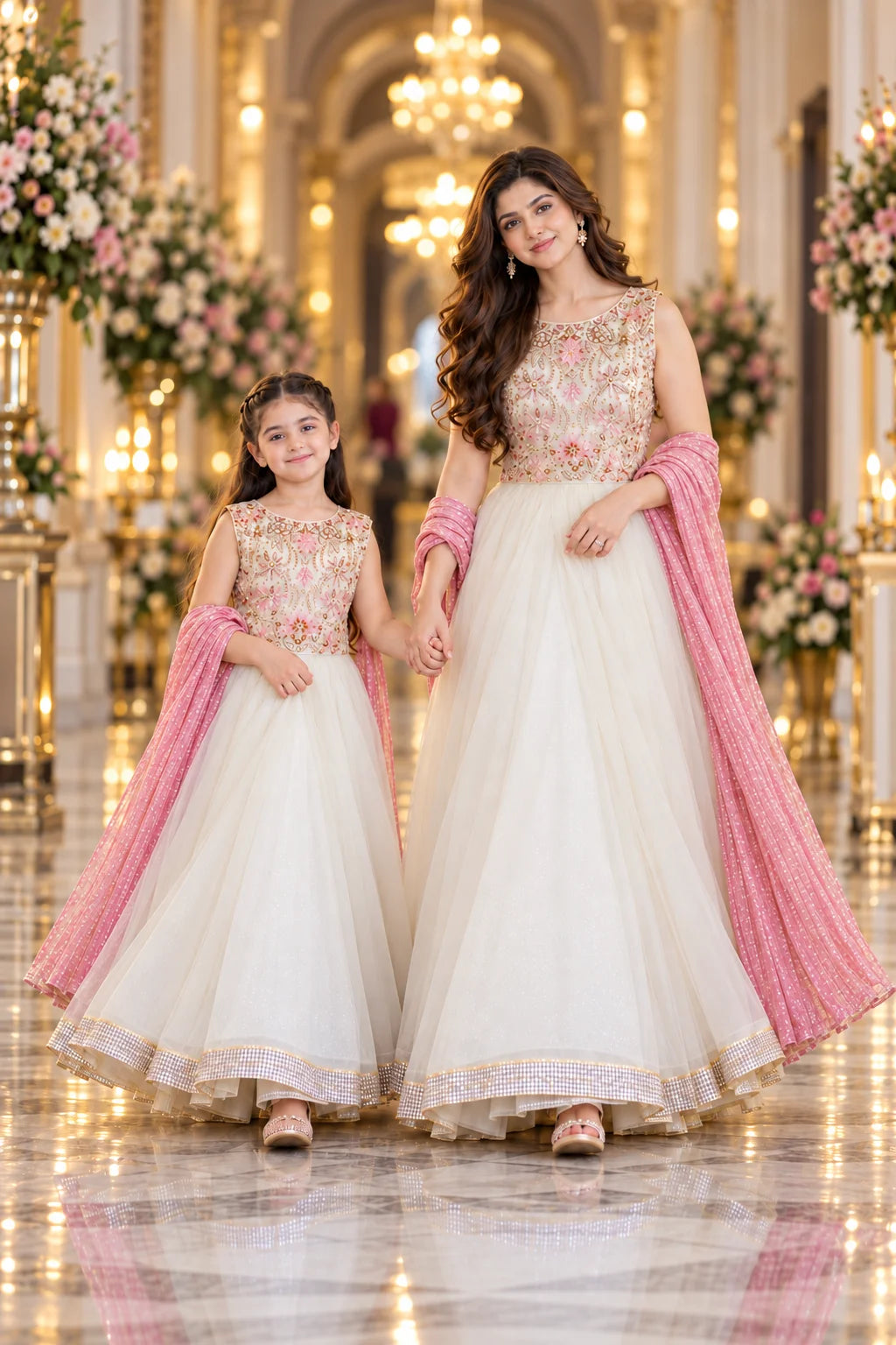 Customized Ivory & Blush Floral Matching Lehenga Choli
