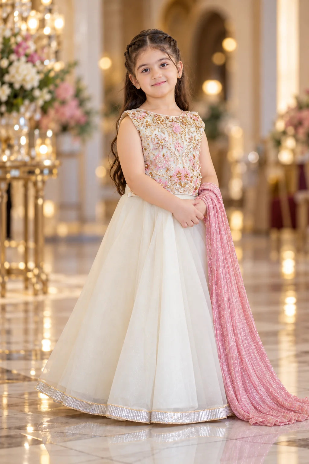 Customized Ivory & Blush Floral Matching Lehenga Choli