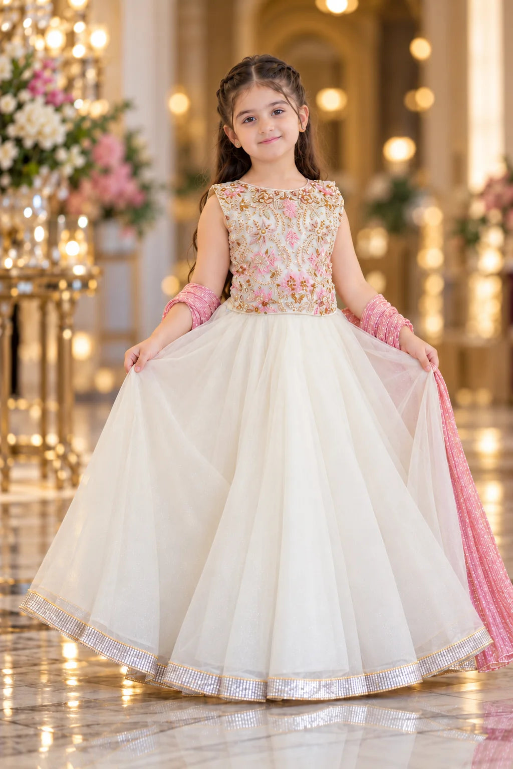 Customized Ivory & Blush Floral Matching Lehenga Choli