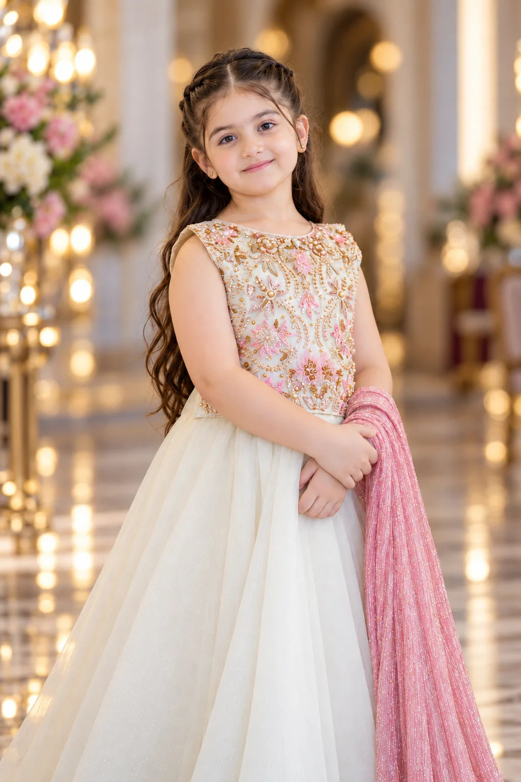 Customized Ivory & Blush Floral Matching Lehenga Choli