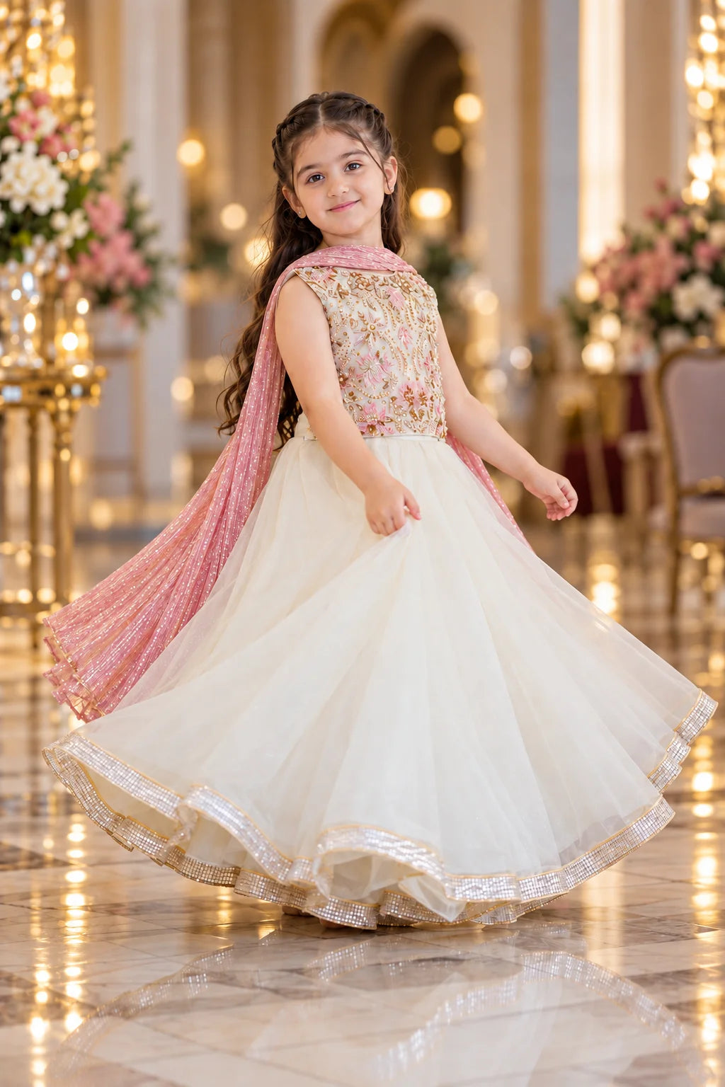 Customized Ivory & Blush Floral Matching Lehenga Choli