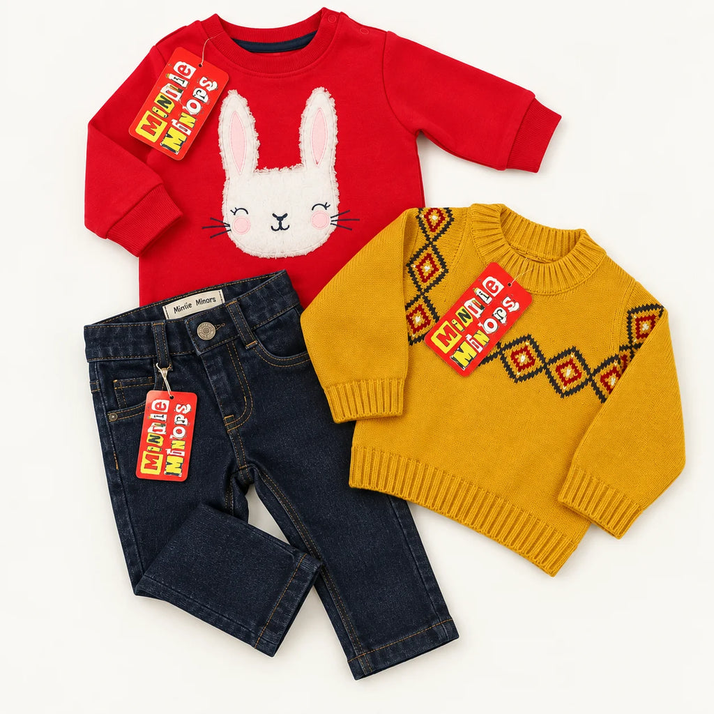 Minnie Minors Bunny Top, Knitted Sweater & Jeans Baby Set