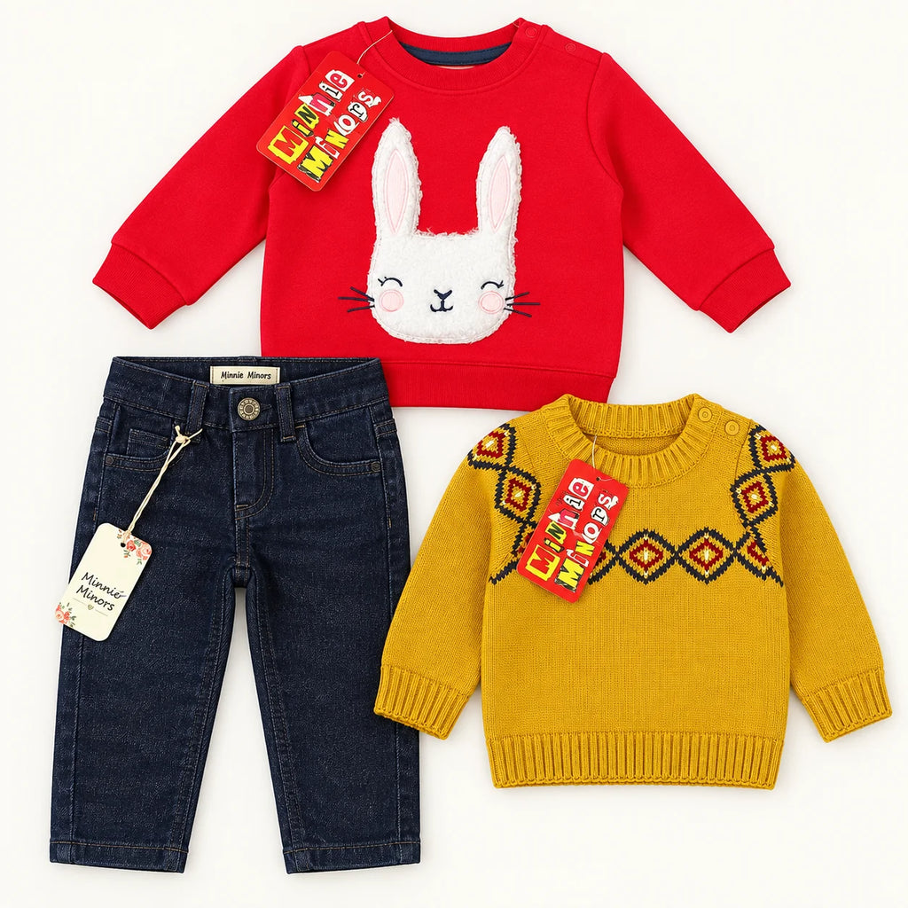 Minnie Minors Bunny Top, Knitted Sweater & Jeans Baby Set